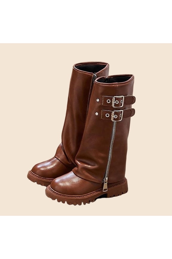 Girls Mid Calf Fold Over Boots Chunky Sole Wide Non Slip Side Zipper Flexible Tall Booties for Kids Girls Brown 11 M(28)