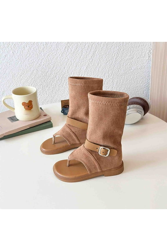 Girls Open Toe Flip Flop Boots Gladiator Comfort Slip On Ankle Buckle Thong Sandal Mid-Calf Boots for Daily Casual Dressy Brown 9.5 M(26)