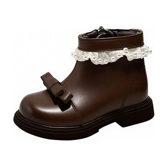 Miluxas Girls Pearl Bowknot Dress Booties Princess Soft Sole Anti Slip Fleece Lined PU Leather Waterproof Cute Birthday Wedding Shoes Brown 1.5(34)