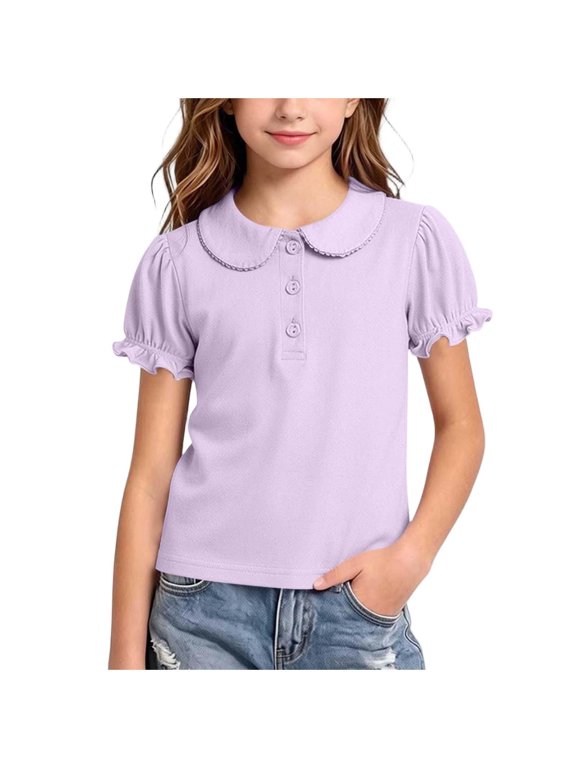 Girls Peter Pan Collar Puff Short Sleeve Shirt, Lace Trim Ruffle Cuff Button Top, Soft Solid Casual Blouse Purple 2-3 Years
