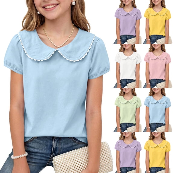 Miluxas Girls Peter Pan Collar Top - Scalloped Trim Short Sleeve Blouse, Cute Casual Shirt for Daily Wear Yellow 1 Years