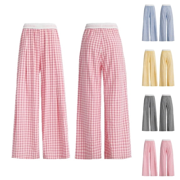 Miluxas Girls Plaid Wide Leg Pants Summer Long Lounge Pants Loose Bottom Yellow 1 Years