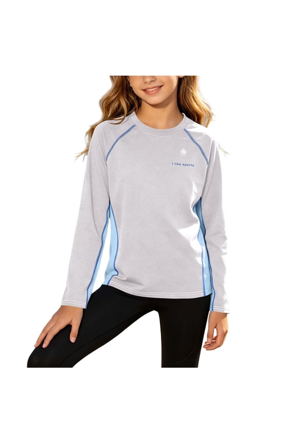 Girls Raglan Long Sleeve Athletic Shirts, Color Block Quick Dry Sports Top, Round Neck Breathable Running Tee for Gym, Training Gray 13 Years
