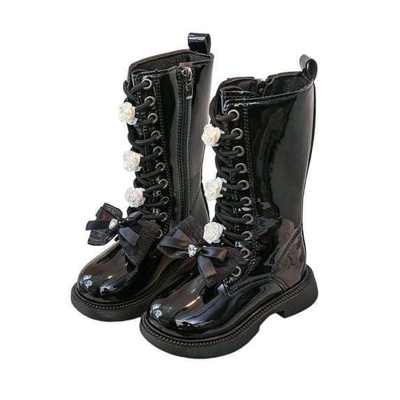 Miluxas Girls Riding Boots Knee High Shiny Solid Color Lace up Side Zipper Bow Mid Calf Shoes Little Kid/Big Kid Black 1.5(35)