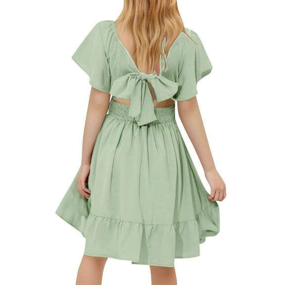 Miluxas Girls Ruffle Short Sleeve Tie Back Dress Kids Summer off Shoulder A-line Dresses Green 8 Years
