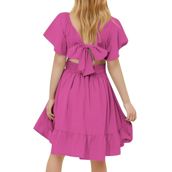 Miluxas Girls Ruffle Short Sleeve Tie Back Dress Kids Summer off Shoulder A-line Dresses Hot Pink 4 Years