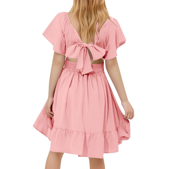 Miluxas Girls Ruffle Short Sleeve Tie Back Dress Kids Summer off Shoulder A-line Dresses Watermelon Red 6 Years