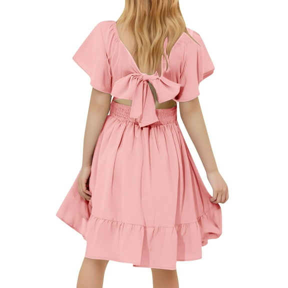 Miluxas Girls Ruffle Short Sleeve Tie Back Dress Kids Summer off Shoulder A-line Dresses Watermelon Red 8 Years