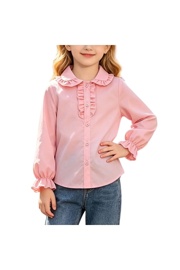 Girls Ruffled Peter Pan Collar Button Down Blouse, Long Sleeve Bubble Cuff Dress Shirt, Classic Uniform Top Pink 2 Years