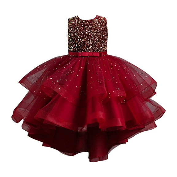 Miluxas Girls Sequin Dress Kids Girls Wedding Pageant Long Tail Dresses Lace Party Grown with Bow-Knot Red 14-15Years