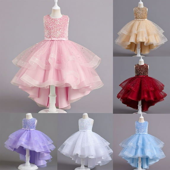 Miluxas Girls Sequin Dress Kids Girls Wedding Pageant Long Tail Dresses Lace Party Grown with Bow-Knot White 14-15Years