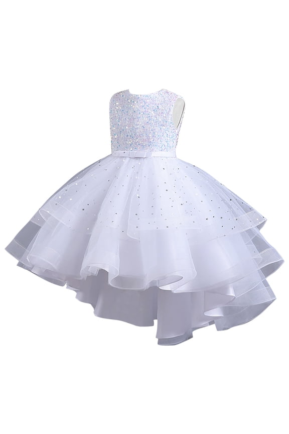 Girls Sequin Dress Kids Girls Wedding Pageant Long Tail Dresses Lace Party Grown with Bow-Knot White 5-6Years