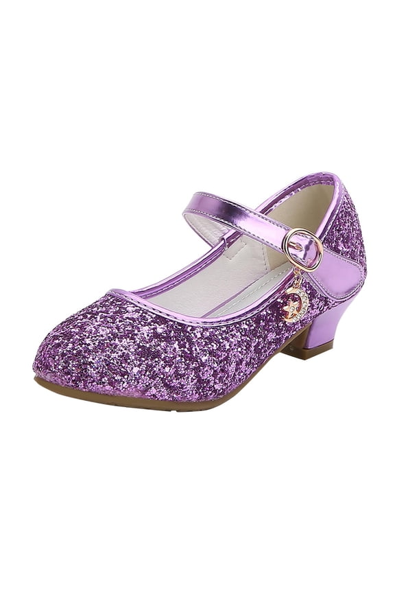 Girls Sequin Dress Shoes Mary Jane Heels Princess Wedding Party Pumps Purple 10 Years