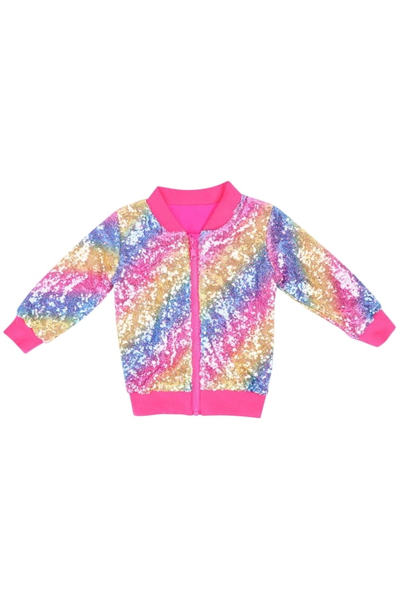 Girls Sequin Jacket Glitter Long Sleeves Zipper Gradient Bomber Coat with Ribbed Cuffs