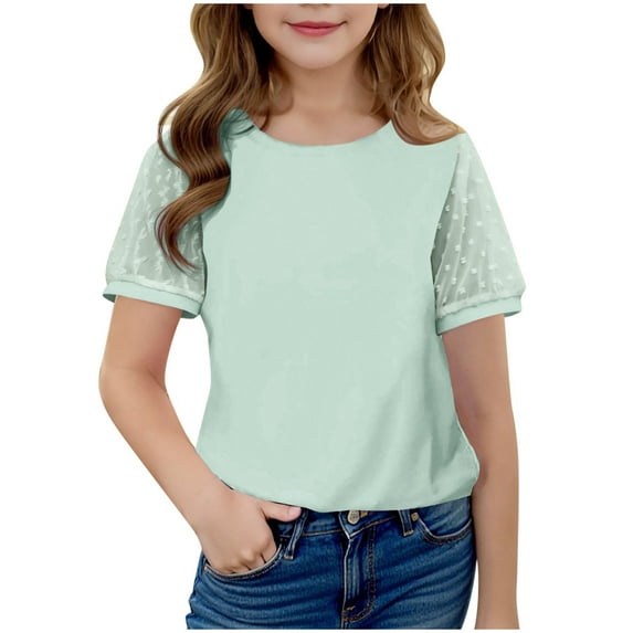 Miluxas Girls Shirts Sheer Puff Sleeve Tops Cute Swiss Dots Summer Blouse Tee Green 5 Years