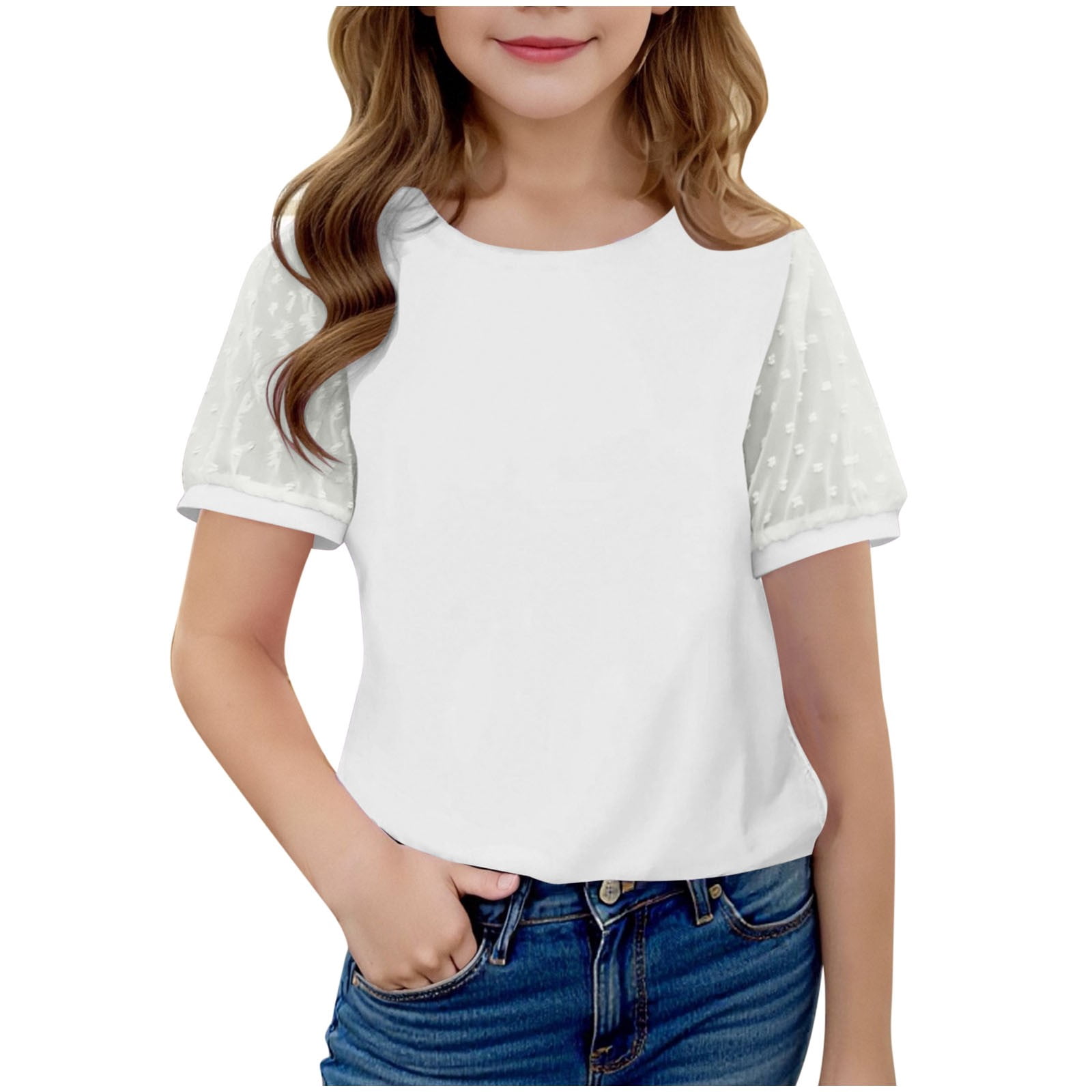 Miluxas Girls Shirts Sheer Puff Sleeve Tops Cute Swiss Dots Summer 