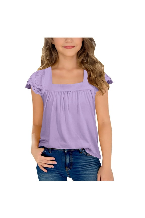 Girls Shirts Short Sleeve Square Neck Summer Lace Openwork Pleated Tops Blouse Tunic Purple 14 Years