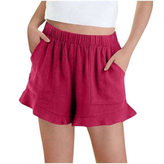 Miluxas Girls Shorts Casual Solid Color Short Pants Summer Ruffle Beach Shorts with Pockets Hot Pink-A 140(7 Years)