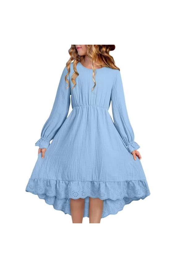 Girls Smocked Dress Casual Puff Long Sleeve Ruffle Neck Dresses Blue 10-11Years