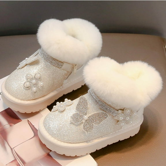 Miluxas Girls Snow Boots, Warm Winter Fuzzy Short Boots, Sparkling Sequin Outdoor Boots for Toddler Little/Big Kids Beige 9.5(26)