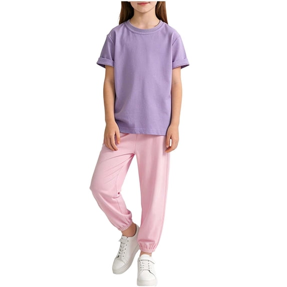 Miluxas Girls Solid Color 2 Piece Outfits Short Sleeve T Shirts Sport Pants Matching Lounge Set Purple 2-3 Years