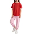 thumbnail image 1 of Miluxas Girls Solid Color 2 Piece Outfits Short Sleeve T Shirts Sport Pants Matching Lounge Set Wine 9-10 Years, 1 of 8