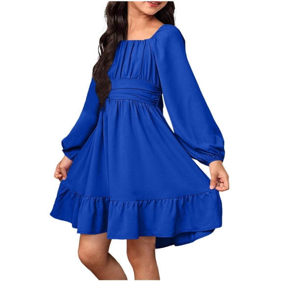 Miluxas Girls Solid Color Dress Puff Sleeves for Holiday Party Photo Shoot Elegant Flowy Skirt Blue 150(150)