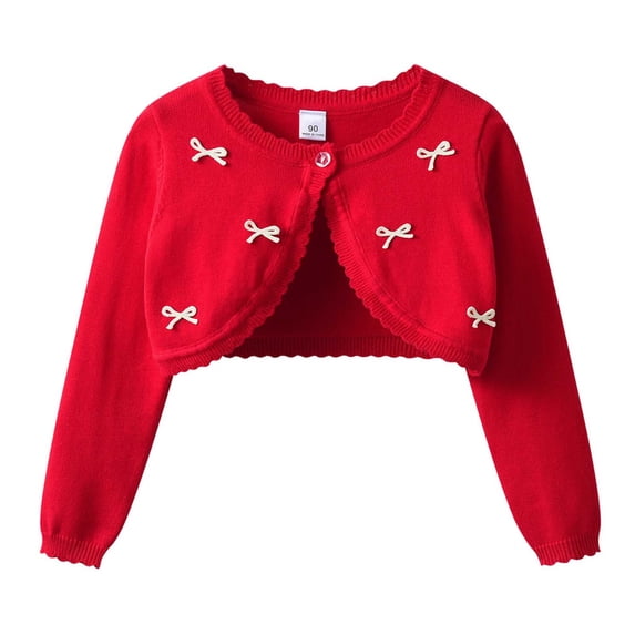 Miluxas Girls Solid Knit Short Shrug Cardigan with Bows, Crew Neck Long Sleeve Cropped Sweater, Soft Casual Cover Up for Spring Red 1 Years