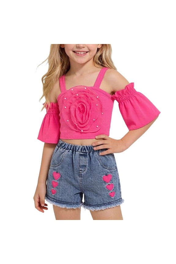 Girls Summer Clothes Outfits Ruffle Camisole Tops and Denim Shorts Set for Girl Pink 5-6Years