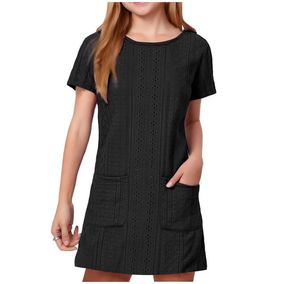 Miluxas Girls Summer Eyelet Dresses Crewneck Short Sleeve Mini Dresses Casual Loose Cute Beach Vacation Dress with Pockets Black 5-6 Years