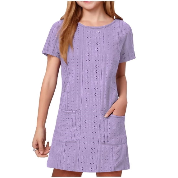 Miluxas Girls Summer Eyelet Dresses Crewneck Short Sleeve Mini Dresses Casual Loose Cute Beach Vacation Dress with Pockets Purple 7-8 Years