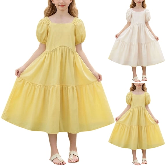 Miluxas Girls Summer Floral Dress Smocked Ruffle Sleeve Beach Party Boho Flowy Dresses Yellow 14 Years