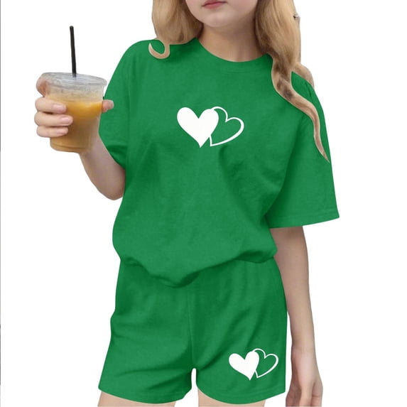 Miluxas Girls Summer Heart Graphic Outfits Casual Lounge Set Short Sleeve T Shirt and Elastic Waist Shorts 2 Piece Clothing Sets Green 4-5Years