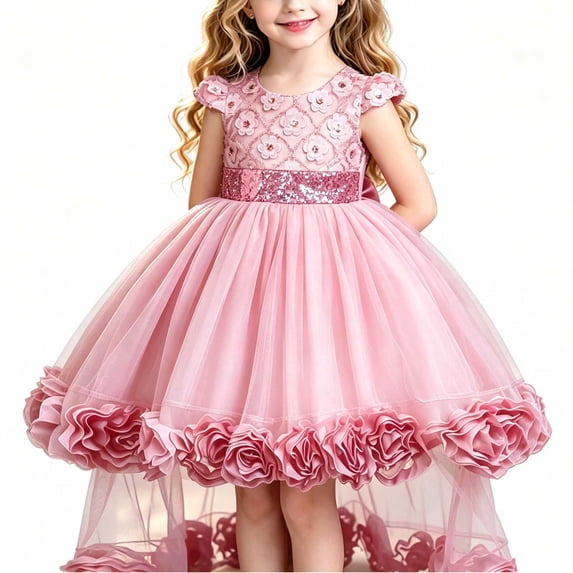 Miluxas Girls Summer Sequin Tulle Flower Girl Dress with Bow for Wedding Birthday Party Pink 3-4Years