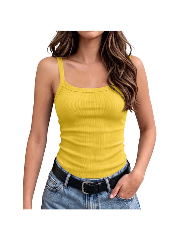 Girls Tank Tops Spaghetti Strap Sleeveless Camisole Undershirts Ribbed Knit Casual Basic Cami Tops Yellow 10-11Years