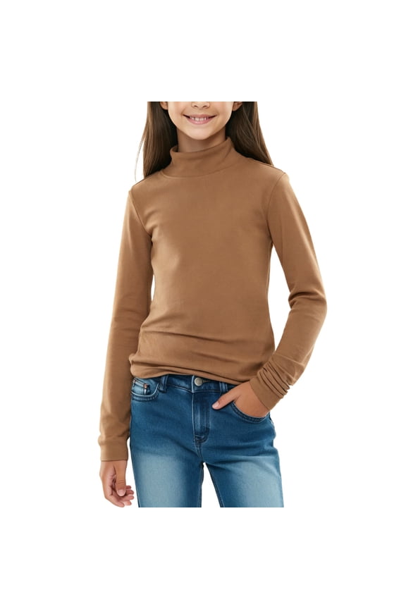 Girls Turtleneck Long Sleeve Pullover T-Shirt Soft Warm Stretch Kids Basic Turtle Neck Tops for Girls Coffee 2-3Years