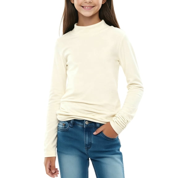 Miluxas Girls Turtleneck Long Sleeve Pullover T-Shirt Soft Warm Stretch Kids Basic Turtle Neck Tops for Girls White 11-12Years