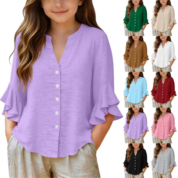 Miluxas Girls V Neck Shirts Short Sleeve Button Down Blouses Ruffle Trim Flowy Casual Summer Tops White 13 Years