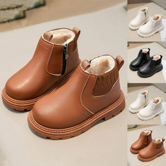 Miluxas Comfortable Solid Color Boots for Girls, Non-slip Warm Plus Fleece Boots for Winter White 7.5-8Years