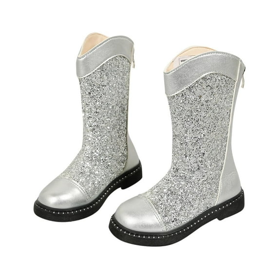 Miluxas Girls Waterproof Glitter Sequins Leather Lace up Knee High Winter Fashion Mid Calf Combat Riding Boots (Toddler/Little Kid/Big Kid) Silver 1(34)