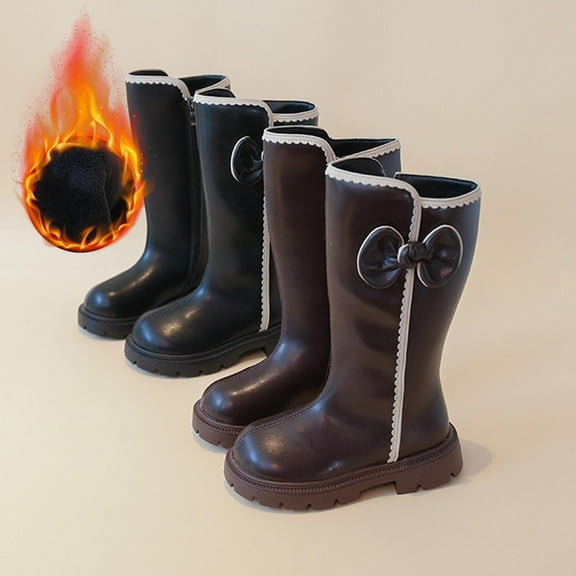 Miluxas Girls Waterproof Leather Zipper Fleece Lined Knee High Winter Round Toe Riding Boots (Toddler/Little Kid/Big Kid) Brown 2.5(37)