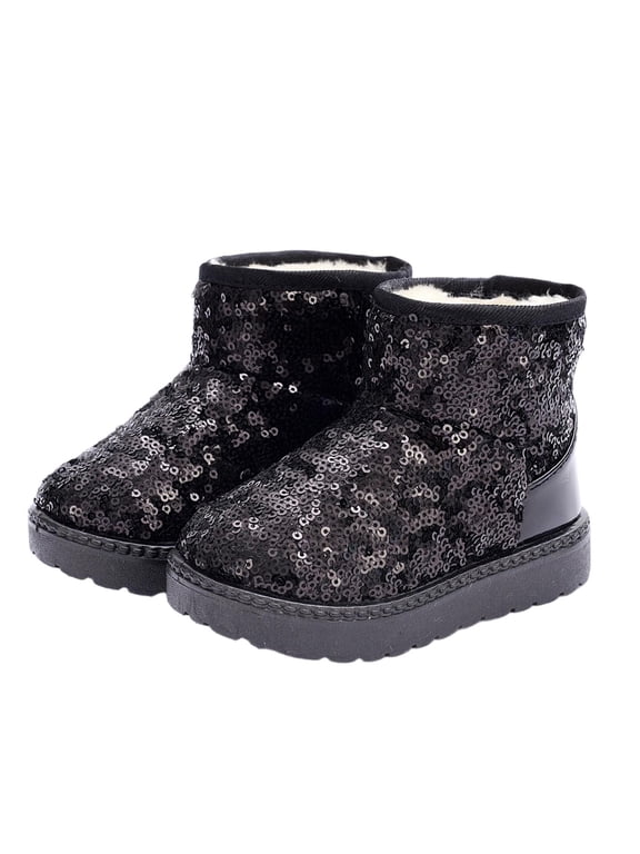 Girls Winter Boots Toddler Girl Boots Fleece Lined Warm Sparkle Sequin Outdoor Non-Slip Snow Boot for Little kids Black 2(34)