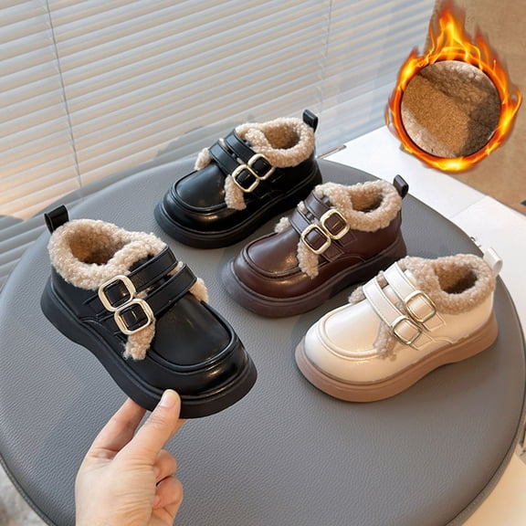 Miluxas Girls Winter Warm Plush Loafer Round Toe Fuzzy Lined Slip on Lightweight Outdoor Walking Shoes with Buckle Strap Beige 3(36)