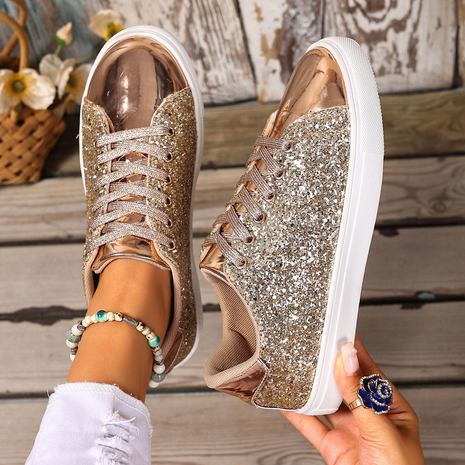 Miluxas Glitter Sneakers Sparkly Low Top Sequins Sneakers