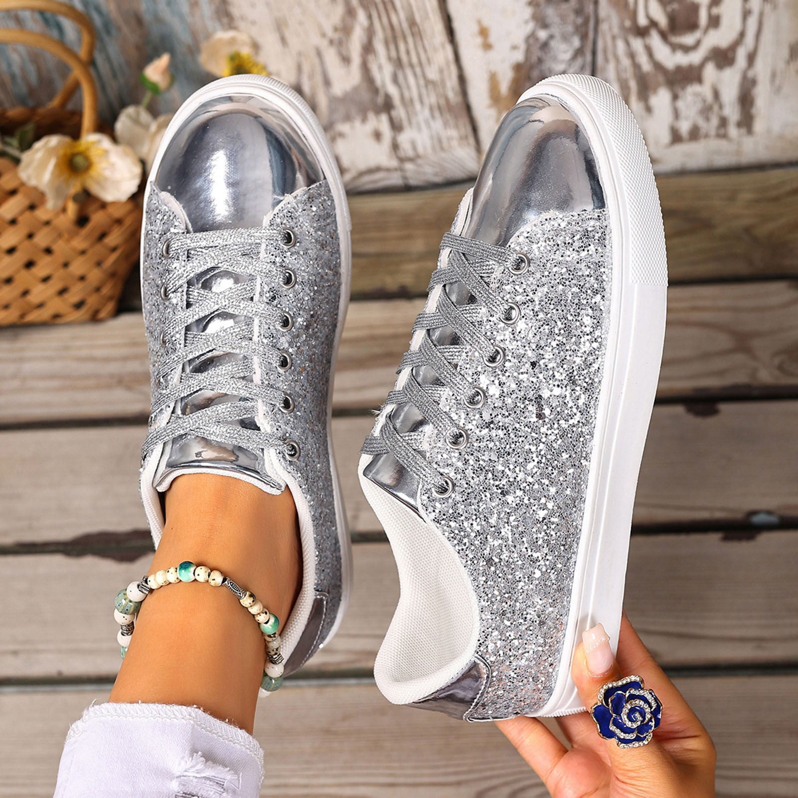 Miluxas Glitter Sneakers Sparkly Low Top Sequins Sneakers Lace Up Tennis  Shoes Comfort Bling Shoes Fashion Shiny Walking Shoes A2-Silver 6.5(38) -  Walmart.com, image size:1600x1600