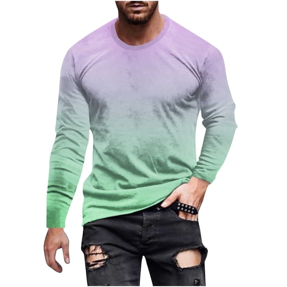 Miluxas Gradient Print Men's T-Shirt Casual Round Neck Long Sleeve Pullover Fashion Lightweight Comfy Tees Tunic Tops Mint Green