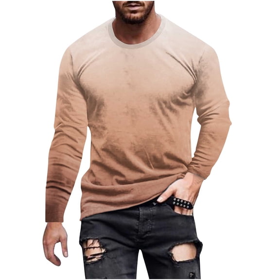 Miluxas Gradient Print Men's T-Shirt Casual Round Neck Long Sleeve Pullover Fashion Lightweight Comfy Tees Tunic Tops Orange