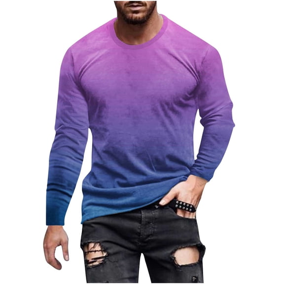 Miluxas Gradient Print Men's T-Shirt Casual Round Neck Long Sleeve Pullover Fashion Lightweight Comfy Tees Tunic Tops Purple