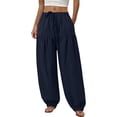 thumbnail image 1 of Miluxas Harem Pants for Women Cotton Linen Casual Loose Fit Wide Leg Pants Drawstring Elastic Waist Pants with Pockets Navy, 1 of 6