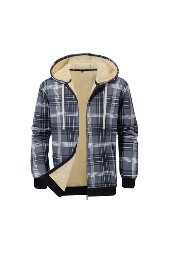 Heavy Thick Flannel Plaid Jacket Sherpa Fleece Lined Hoodies for Men Zip Up Winter Warm Coat Buffalo Zipper Sweatshirt Gray